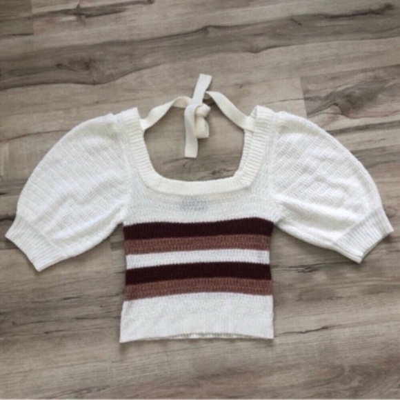 MINKPINK White and Brown Striped Blouse - Picture 1 of 6